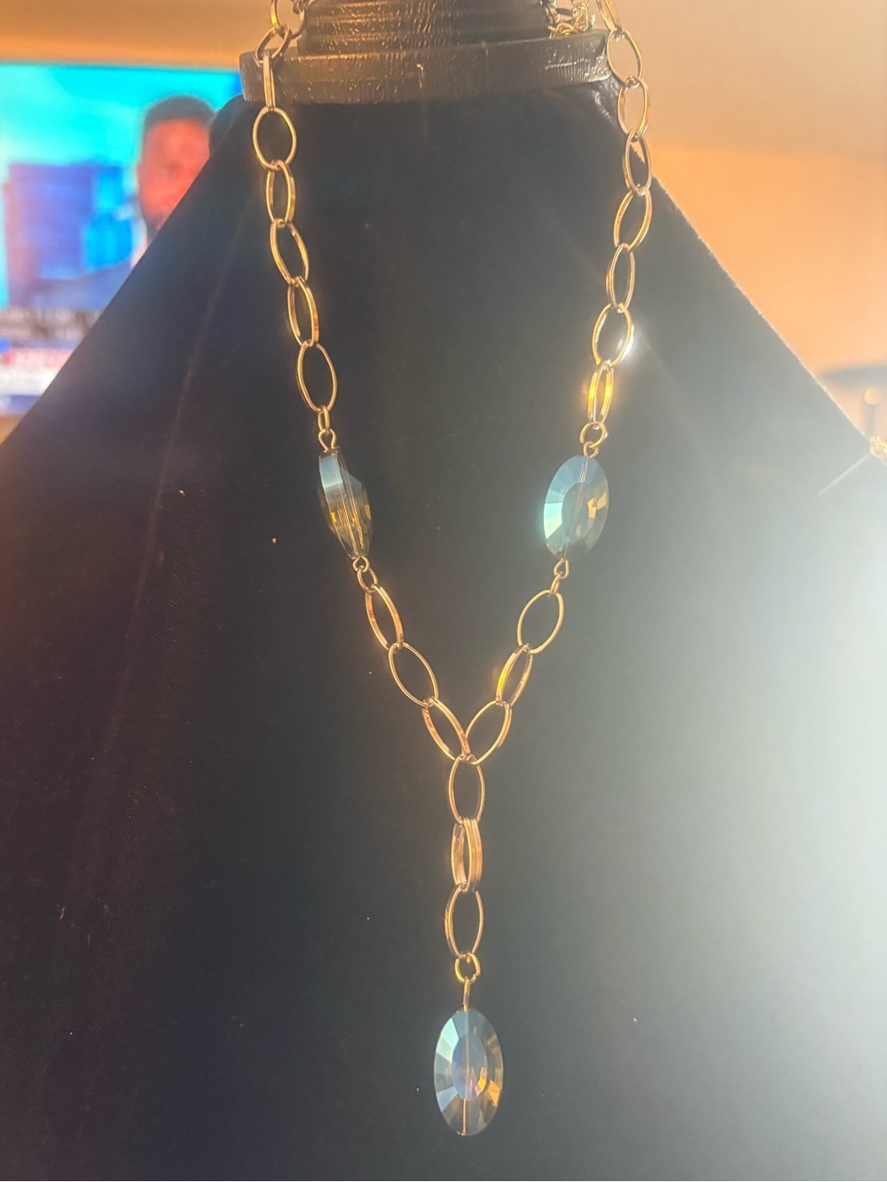 Gold Chain Necklace with Blue Crystal Drops - Women Jewelry